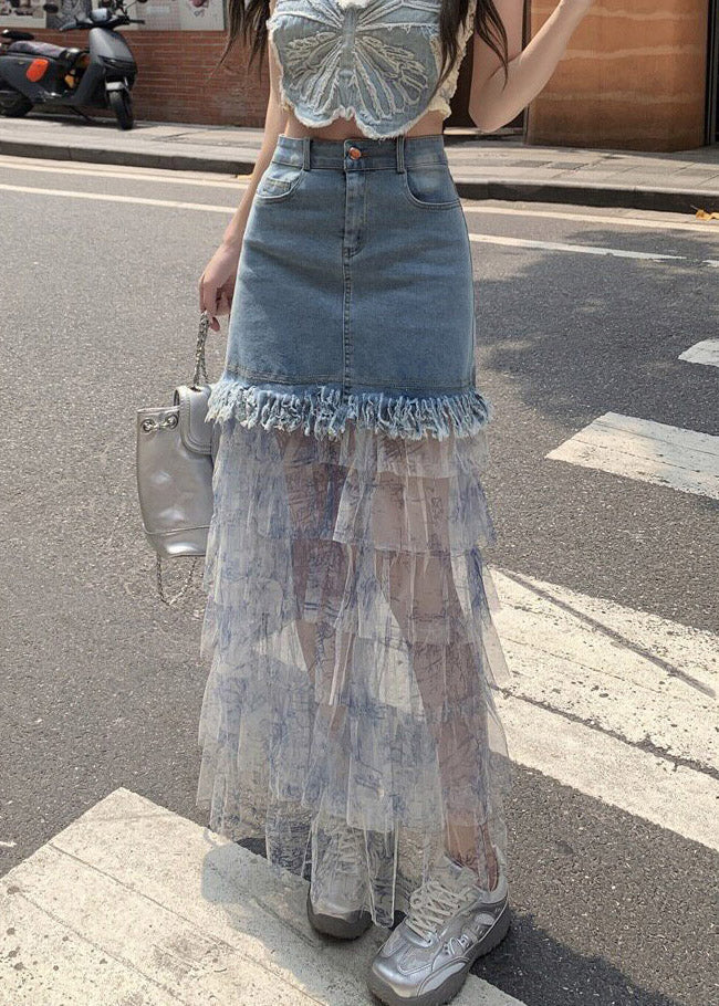 Women Blue Denim Patchwork Tulle Maxi Cake Skirts Summer - Image 5