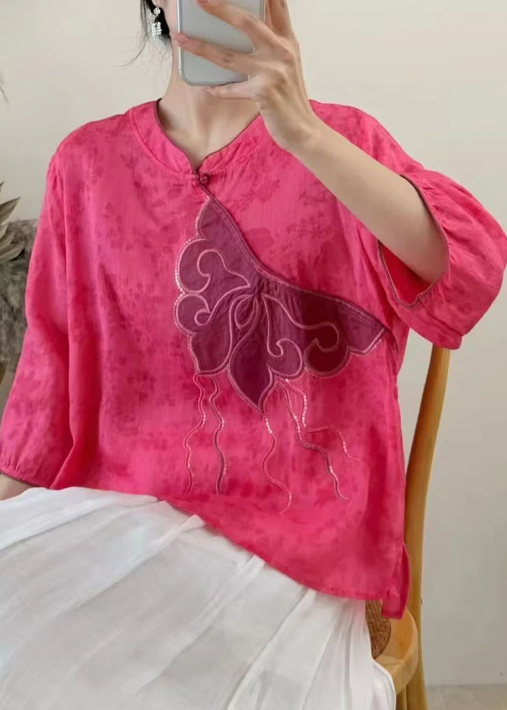 Women Blue Embroidered Sequins Linen Shirt Tops Summer - Image 2