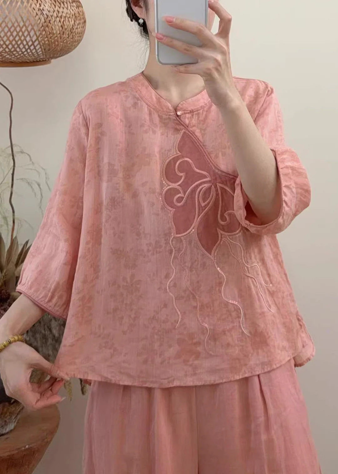 Women Blue Embroidered Sequins Linen Shirt Tops Summer - Image 3