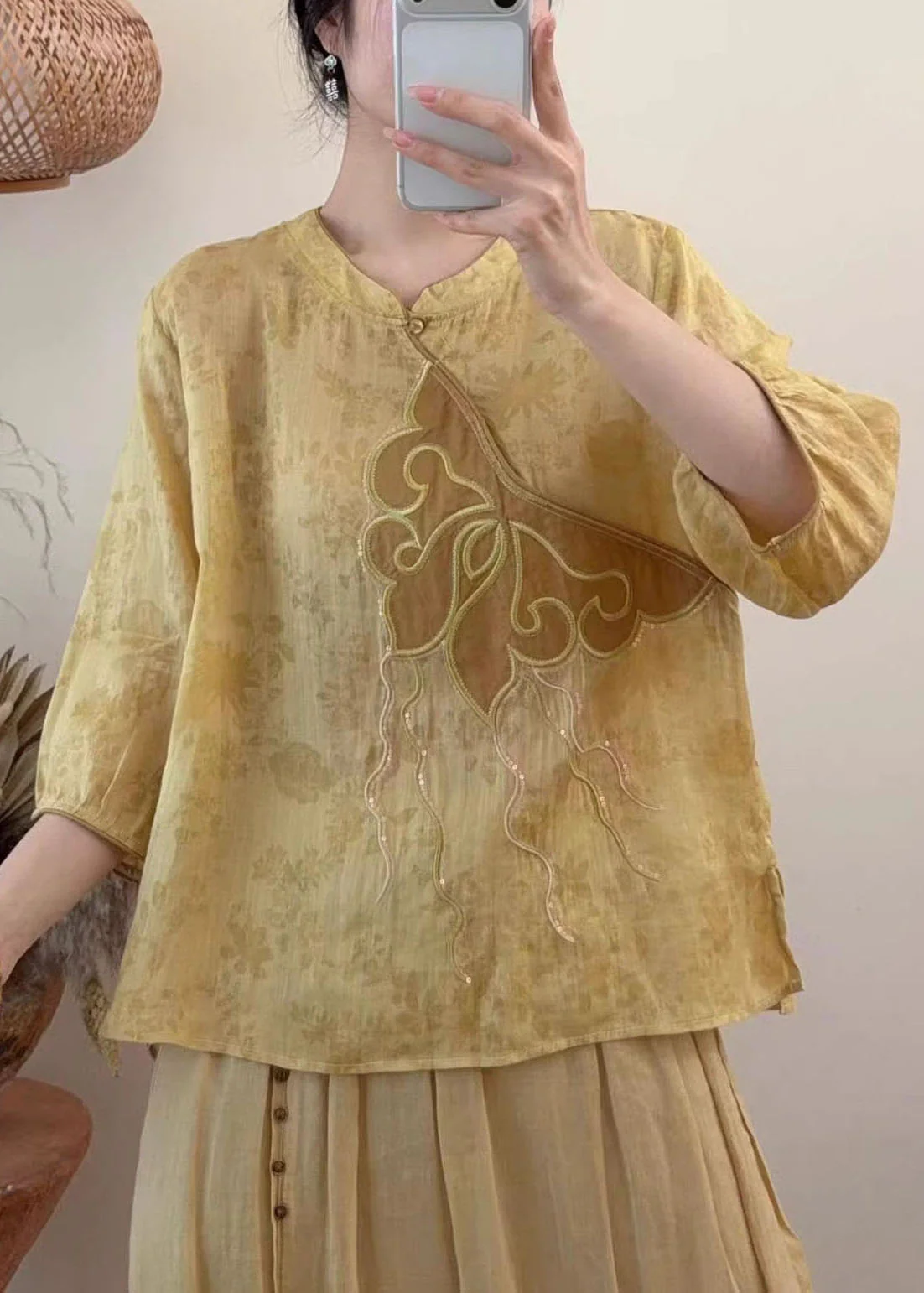 Women Blue Embroidered Sequins Linen Shirt Tops Summer - Image 4