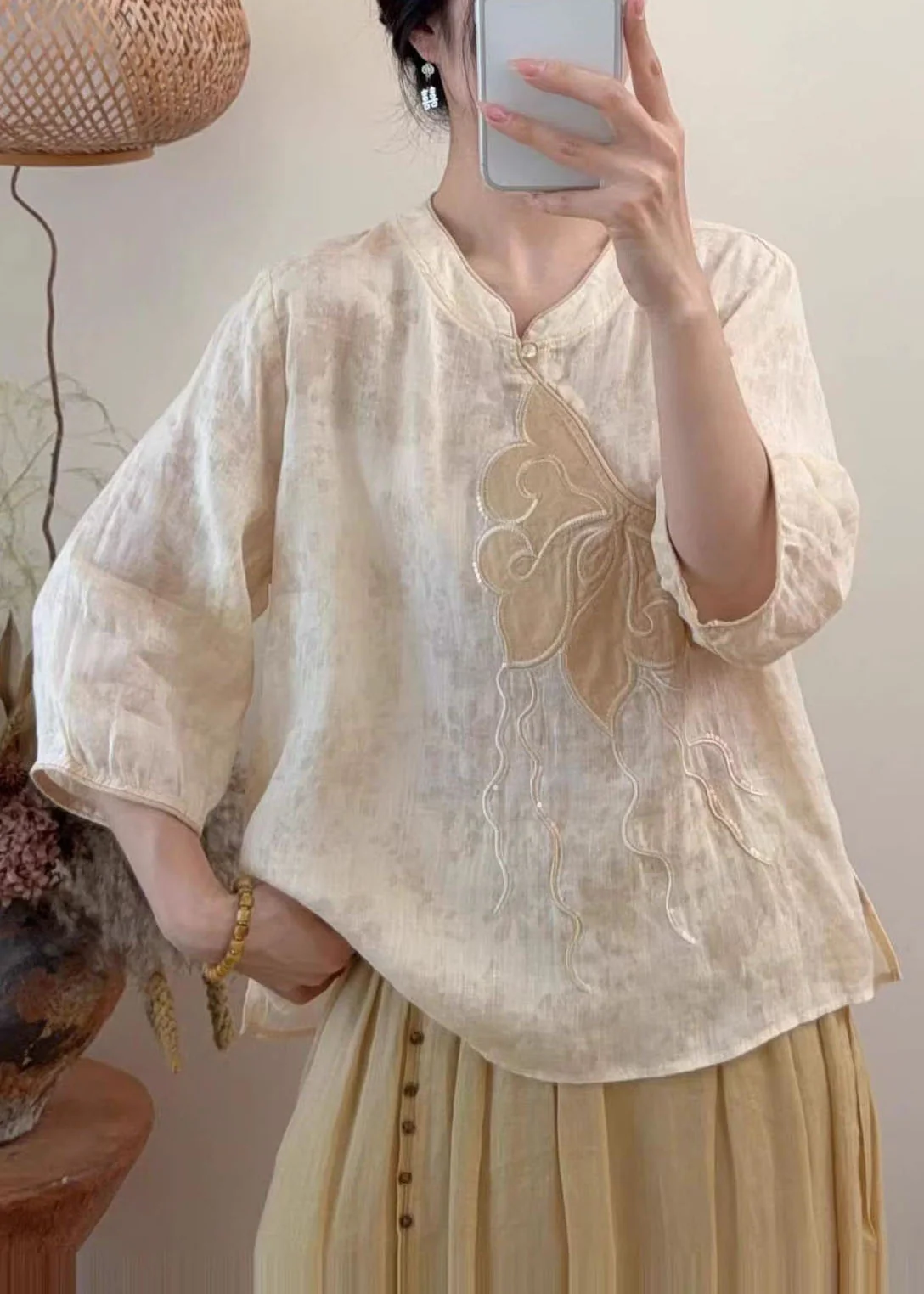 Women Blue Embroidered Sequins Linen Shirt Tops Summer - Image 5