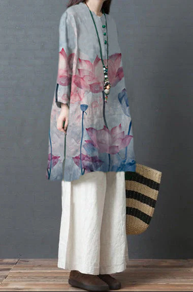 Women Green Flowers linen outfit Casual Fabrics Chinese Button short side open Dress - Image 2