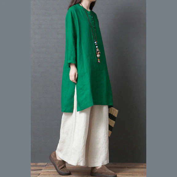 Women Green Flowers linen outfit Casual Fabrics Chinese Button short side open Dress - Image 4