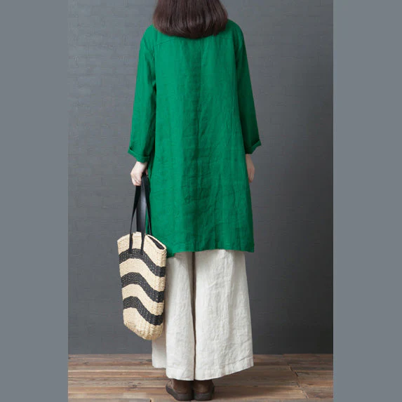 Women Green Flowers linen outfit Casual Fabrics Chinese Button short side open Dress - Image 6