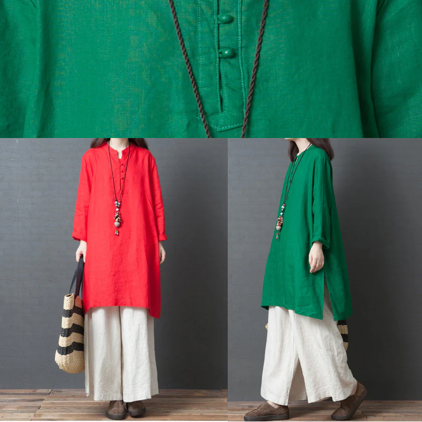 Women Green Flowers linen outfit Casual Fabrics Chinese Button short side open Dress - Image 7