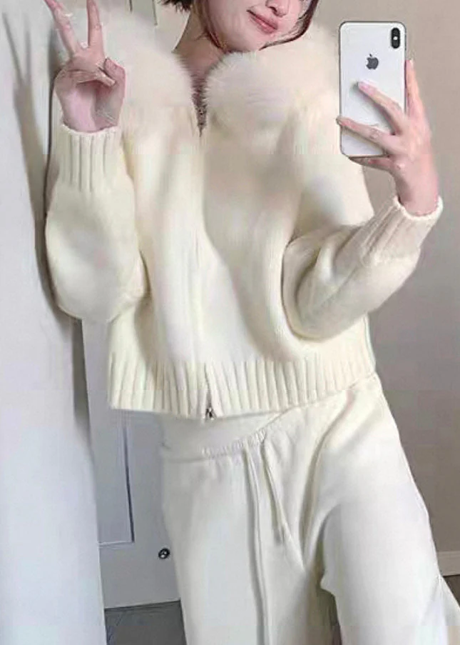 Women Blue Fur Collar Zippered Solid Knit Coats Winter - Image 2