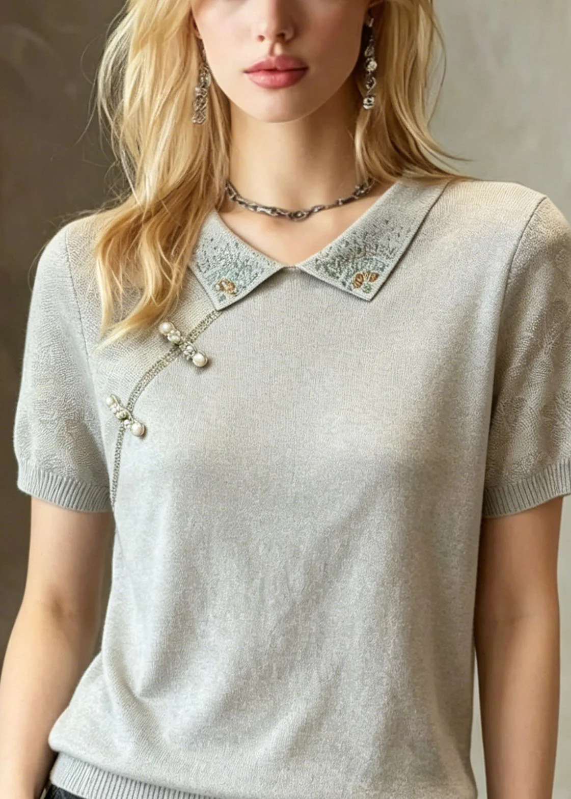 Women Blue Grey Peter Pan Collar Zircon Nail Bead Knit T Shirt Summer - Image 2