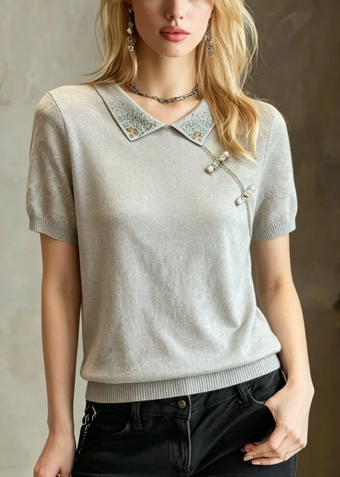 Women Blue Grey Peter Pan Collar Zircon Nail Bead Knit T Shirt Summer - Image 3