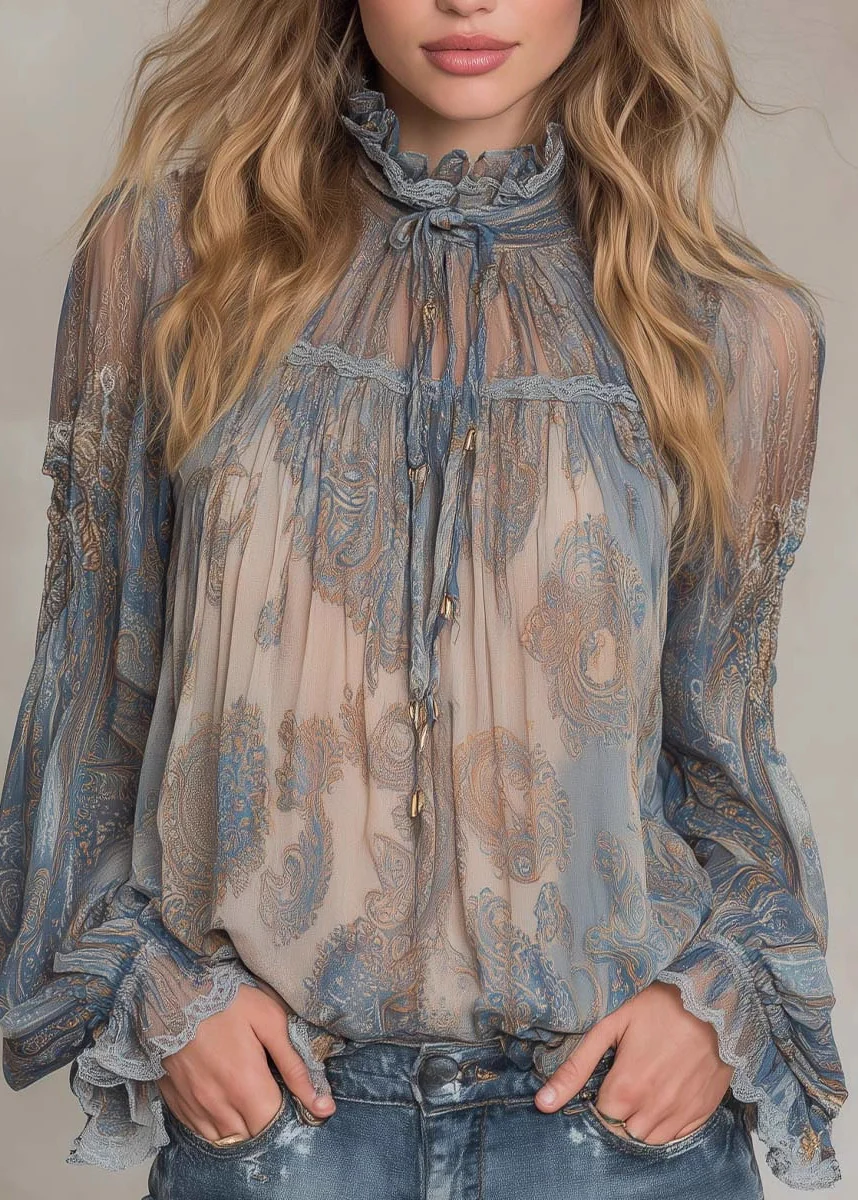 Women Blue High Neck Ruffled Print Chiffon Shirt Top Spring