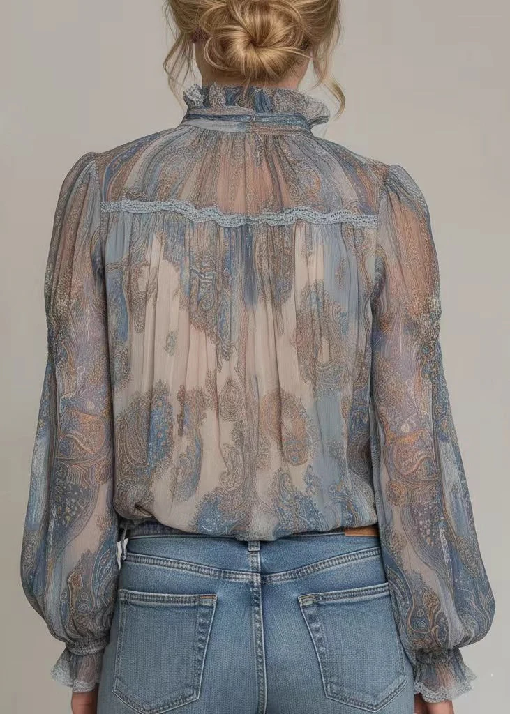 Women Blue High Neck Ruffled Print Chiffon Shirt Top Spring - Image 2