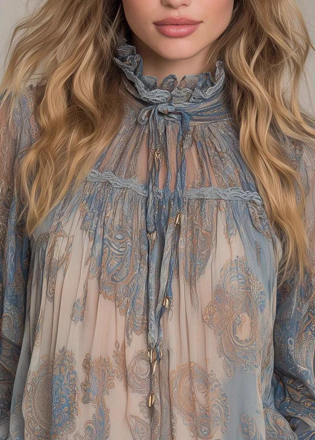 Women Blue High Neck Ruffled Print Chiffon Shirt Top Spring - Image 3