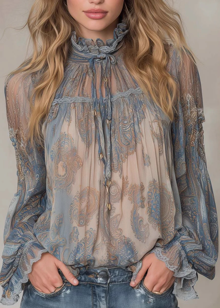 Women Blue High Neck Ruffled Print Chiffon Shirt Top Spring - Image 4