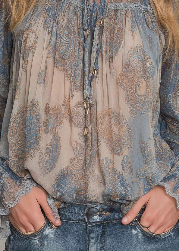 Women Blue High Neck Ruffled Print Chiffon Shirt Top Spring - Image 5