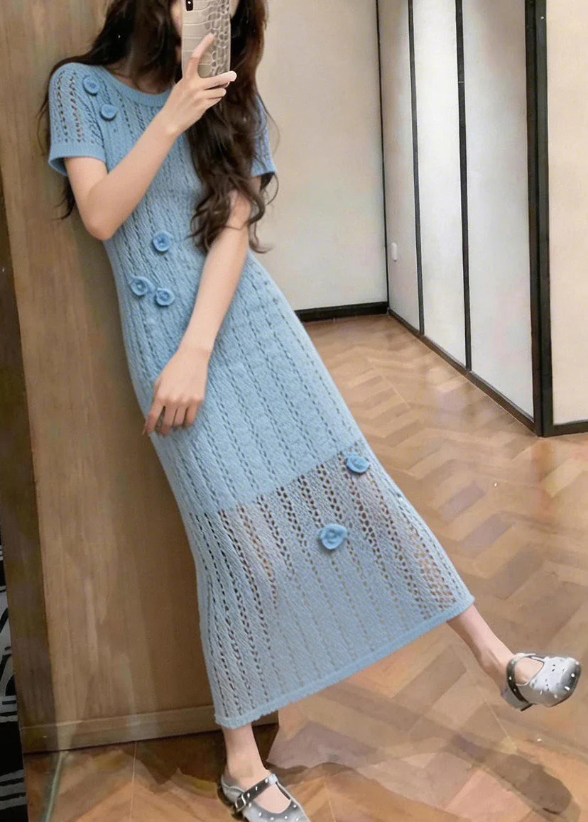 Women Blue Hollow Out Floral Knit Ankle Dress Summer - Image 5