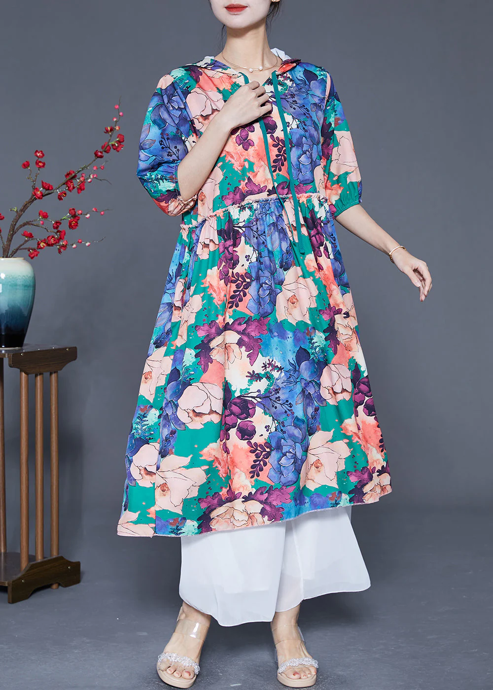 Women Blue Hooded Ruffled Print Silk Maxi Dresses Summer - Image 2