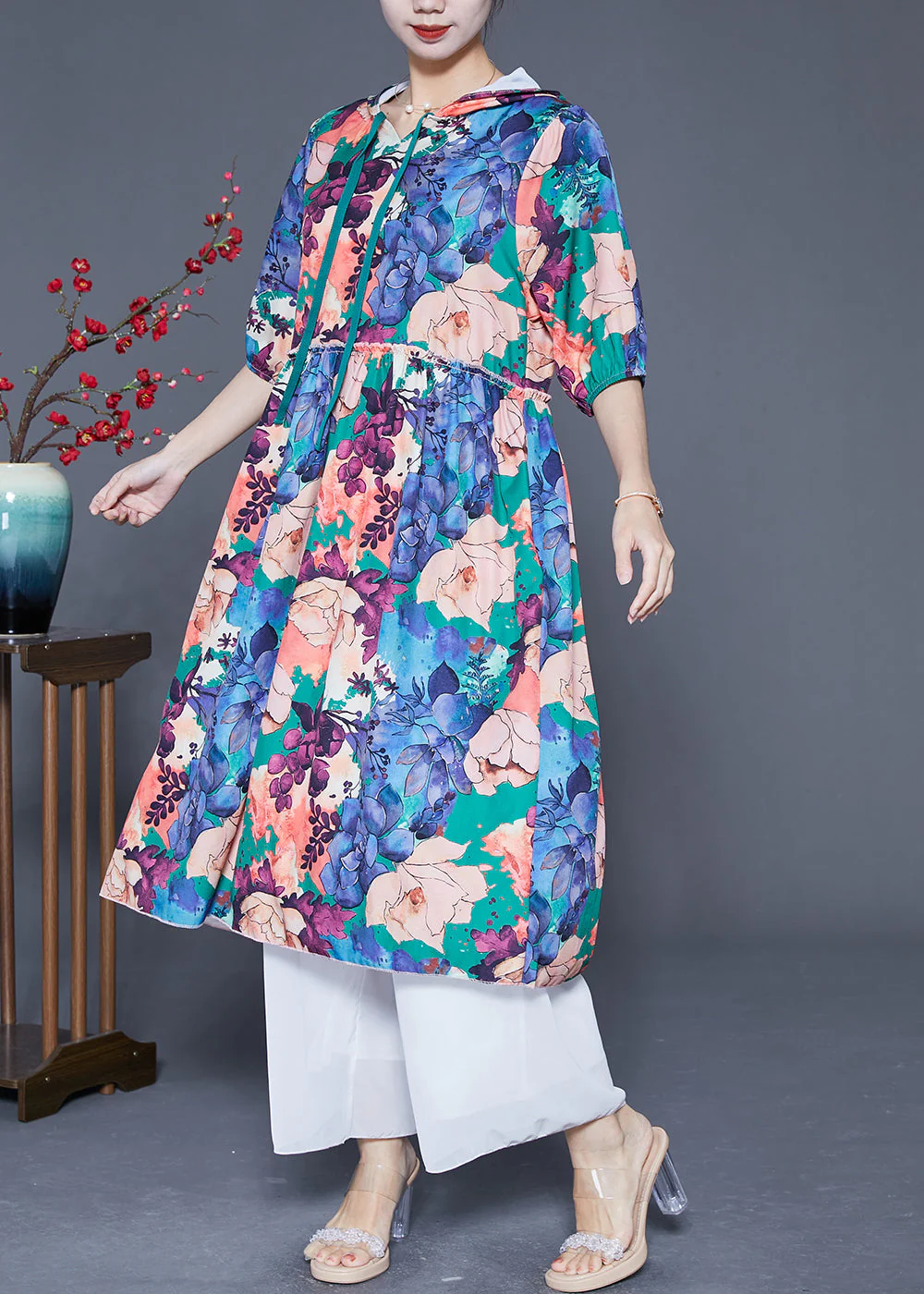 Women Blue Hooded Ruffled Print Silk Maxi Dresses Summer - Image 3