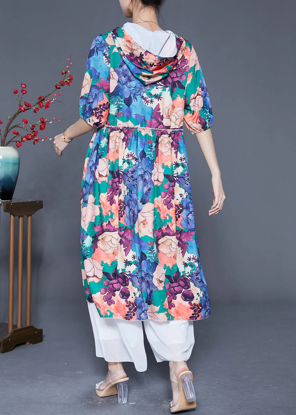 Women Blue Hooded Ruffled Print Silk Maxi Dresses Summer - Image 4
