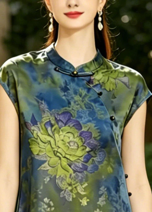 Women Blue Mandarin Collar Print Silk Vest Top Summer - Image 2