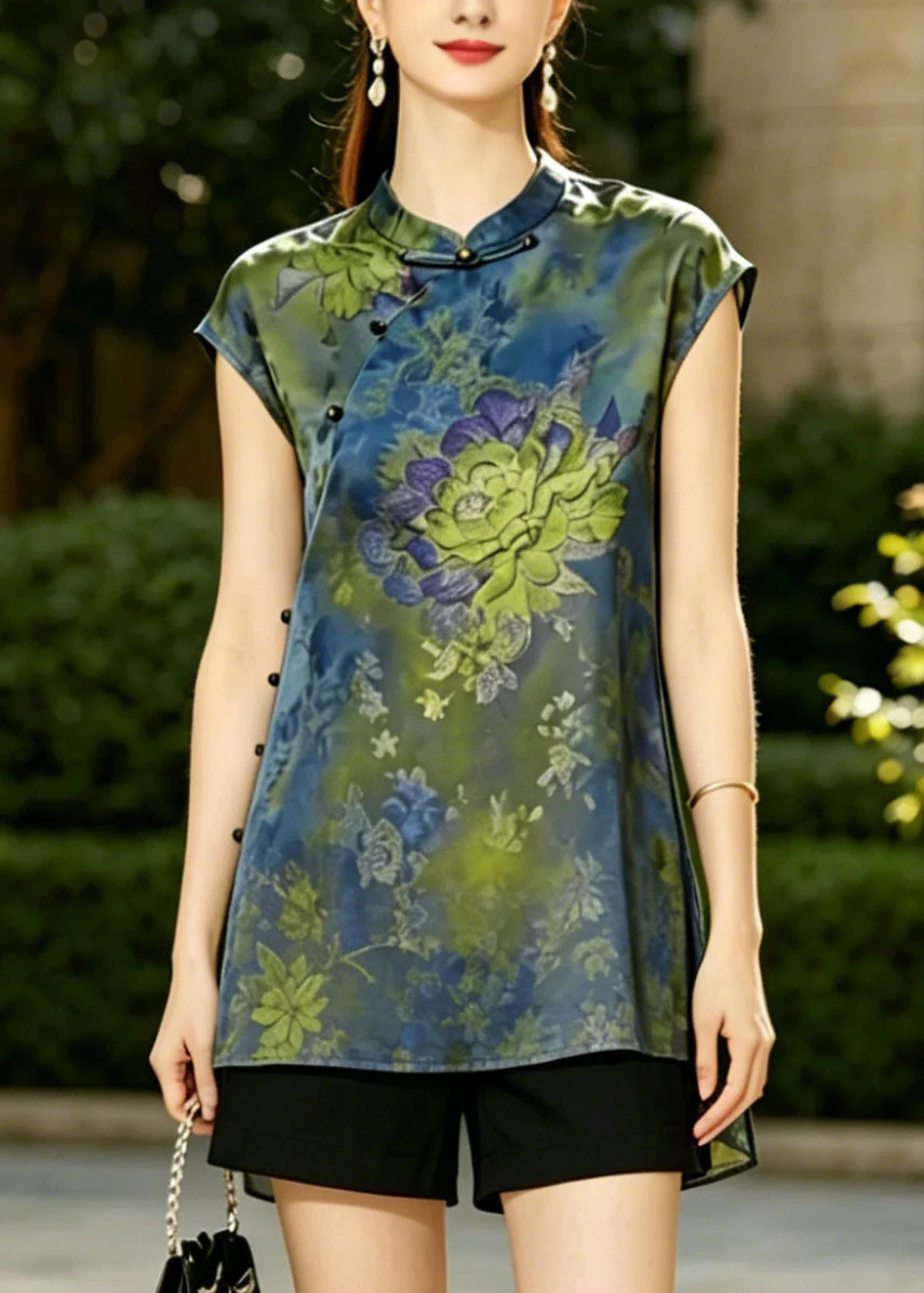 Women Blue Mandarin Collar Print Silk Vest Top Summer - Image 3