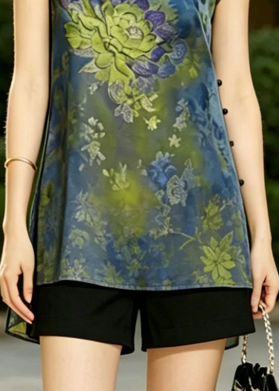 Women Blue Mandarin Collar Print Silk Vest Top Summer - Image 4