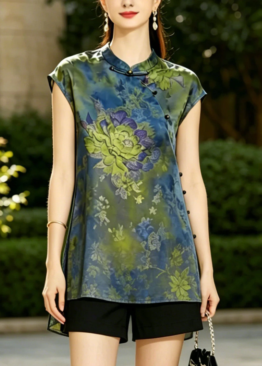 Women Blue Mandarin Collar Print Silk Vest Top Summer - Image 5