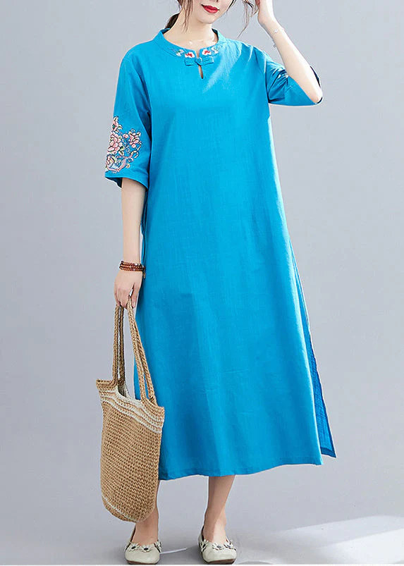 Women Blue Mandarin Collar side open Embroideried Dress Half Sleeve - Image 2