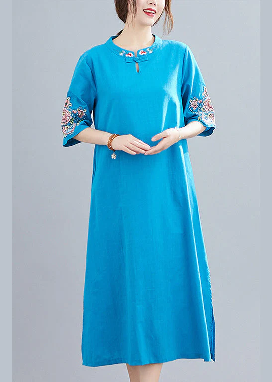 Women Blue Mandarin Collar side open Embroideried Dress Half Sleeve - Image 3