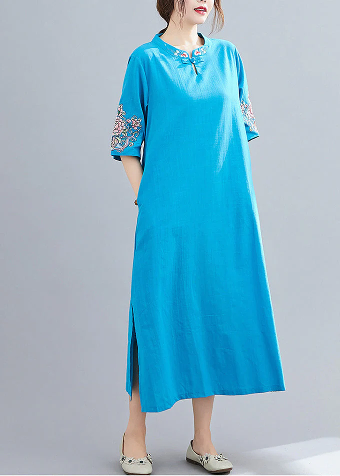 Women Blue Mandarin Collar side open Embroideried Dress Half Sleeve - Image 4