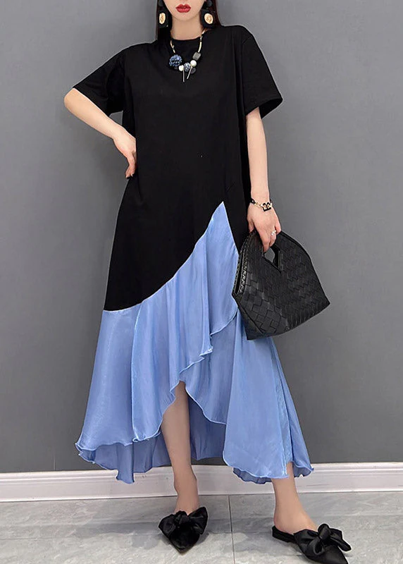 Women Blue O-Neck Asymmetric Patchwork Dress Short Sleeve - Image 2