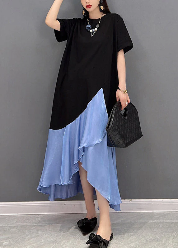 Women Blue O-Neck Asymmetric Patchwork Dress Short Sleeve - Image 3