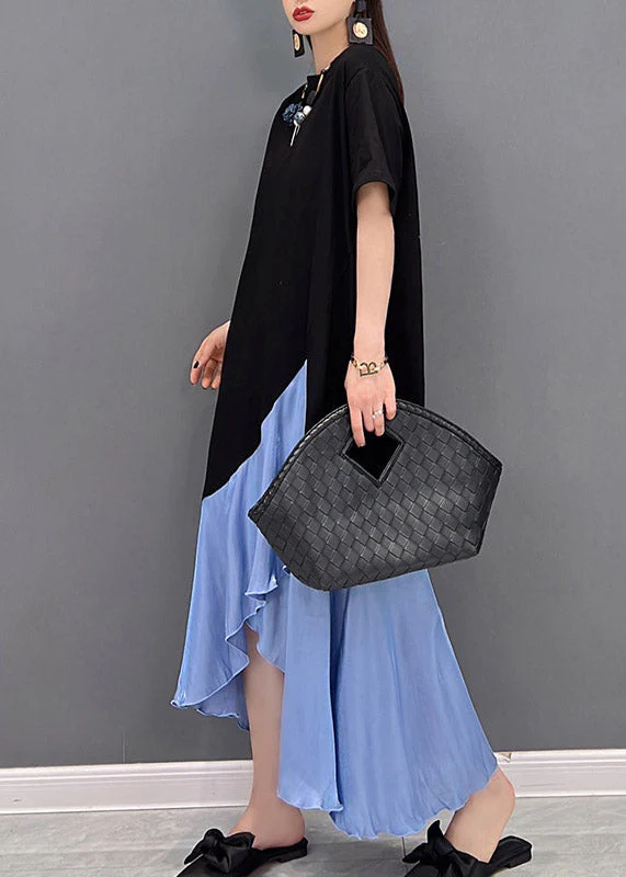 Women Blue O-Neck Asymmetric Patchwork Dress Short Sleeve - Image 4