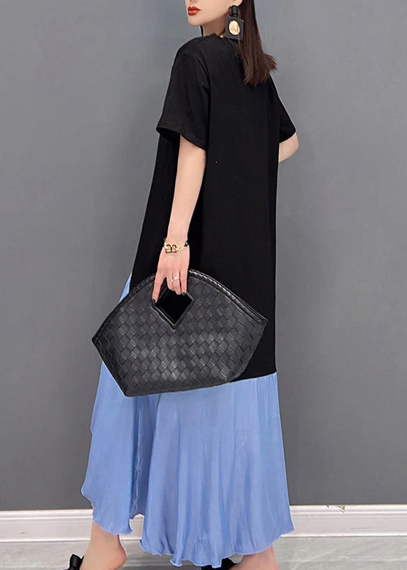 Women Blue O-Neck Asymmetric Patchwork Dress Short Sleeve - Image 5