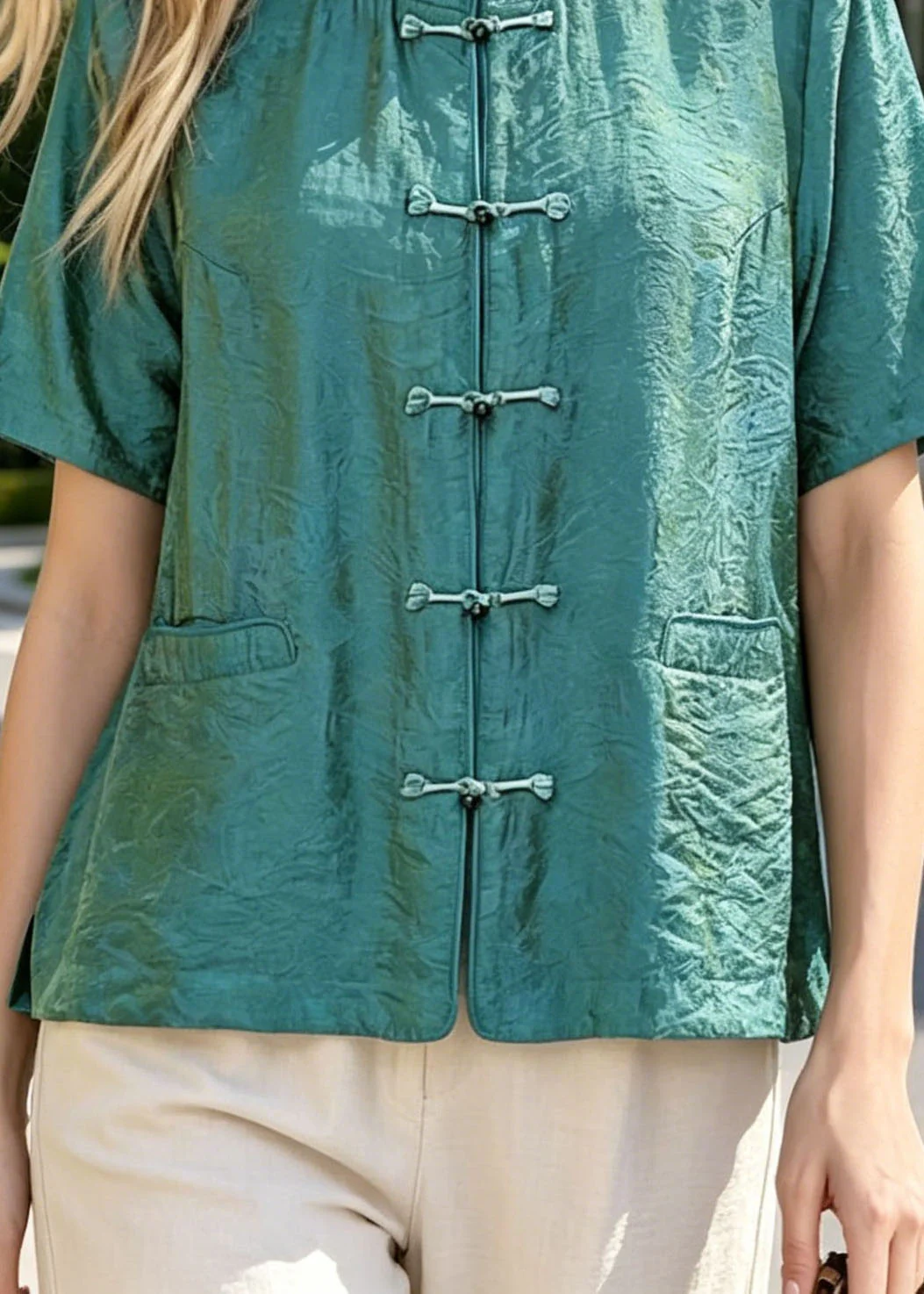 Women Blue O Neck Chinese Button Cotton Top Summer - Image 4