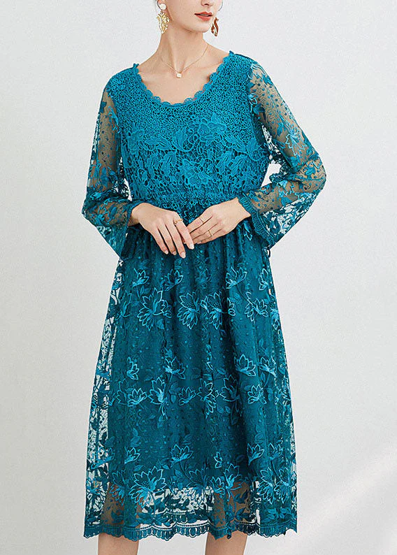 Women Blue O Neck Embroideried Patchwork Long Dresses Spring - Image 2