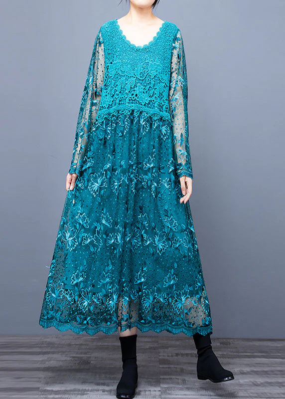 Women Blue O Neck Embroideried Patchwork Long Dresses Spring - Image 3