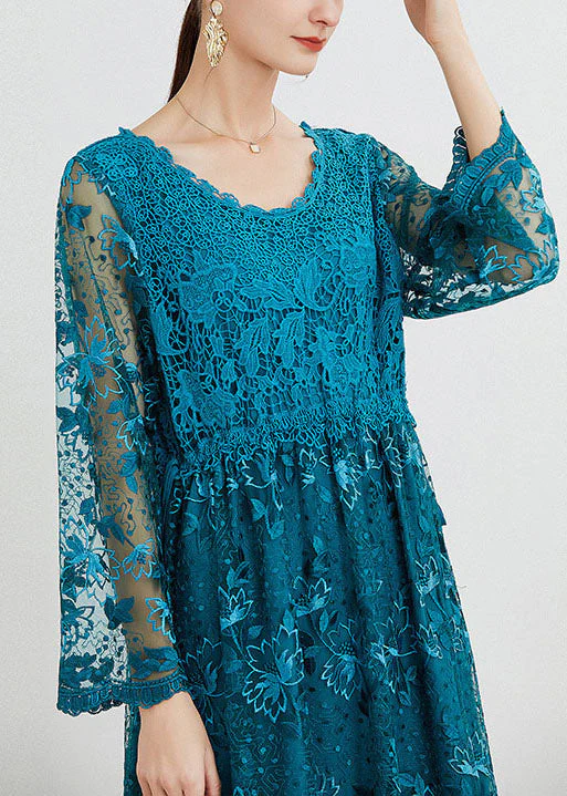 Women Blue O Neck Embroideried Patchwork Long Dresses Spring - Image 4