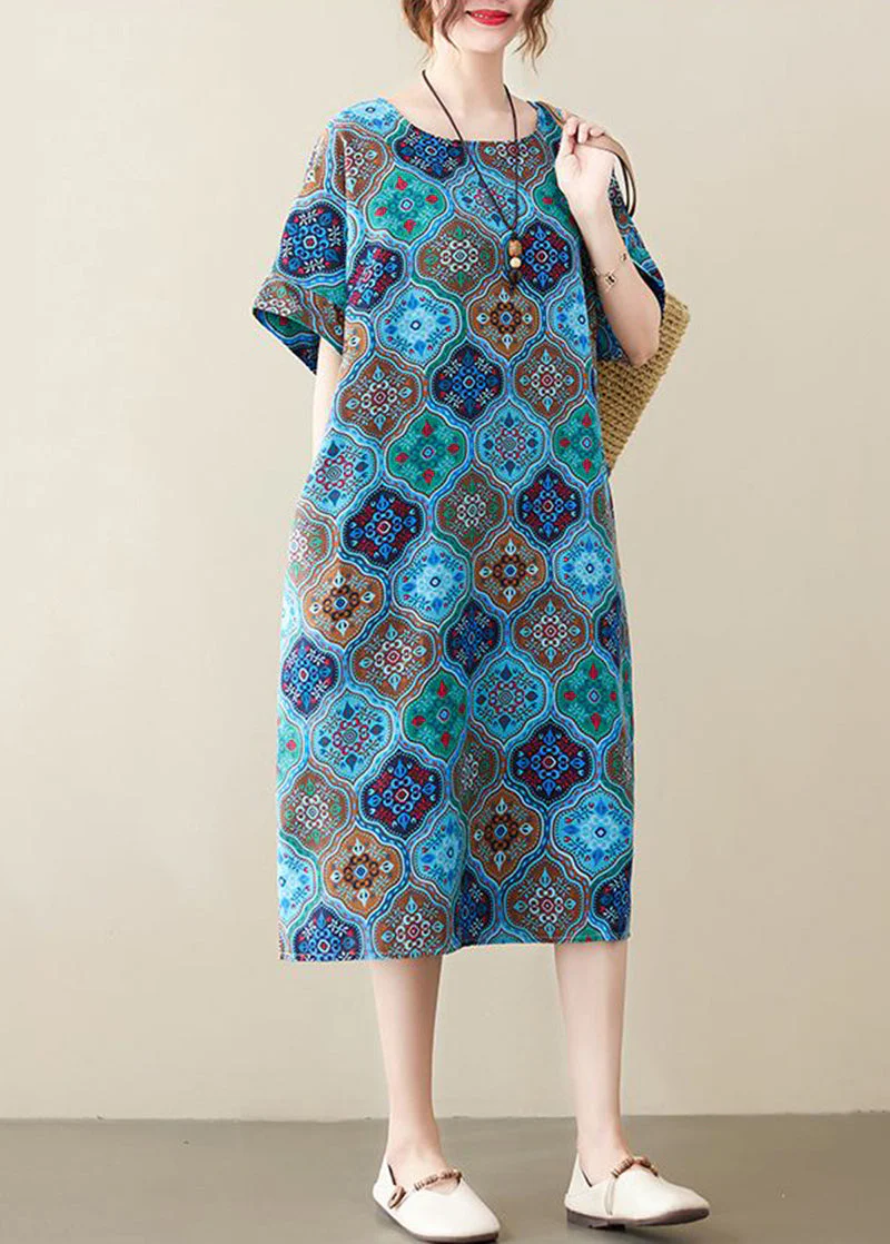 Women Blue O-Neck Print Pockets Linen Dress Short Sleeve - Image 2
