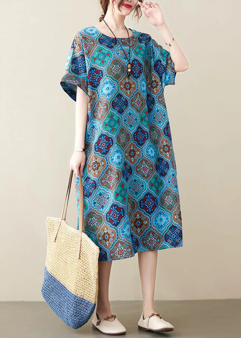 Women Blue O-Neck Print Pockets Linen Dress Short Sleeve - Image 3