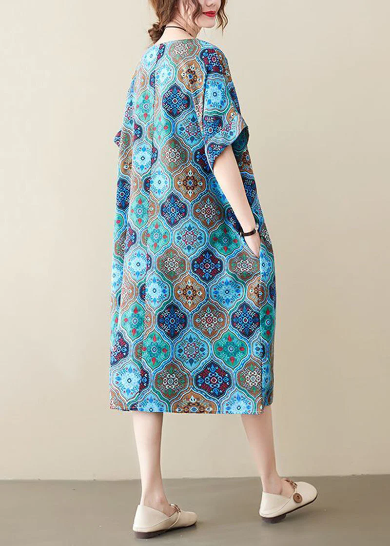 Women Blue O-Neck Print Pockets Linen Dress Short Sleeve - Image 4