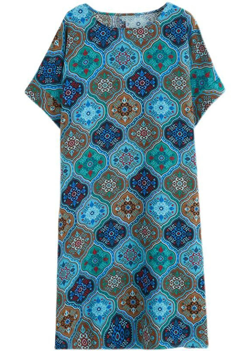 Women Blue O-Neck Print Pockets Linen Dress Short Sleeve - Image 5