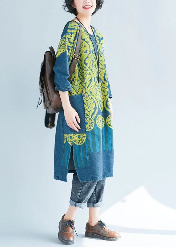 Women Blue O-Neck side open Print Sweatshirts dresses Spring - Image 3