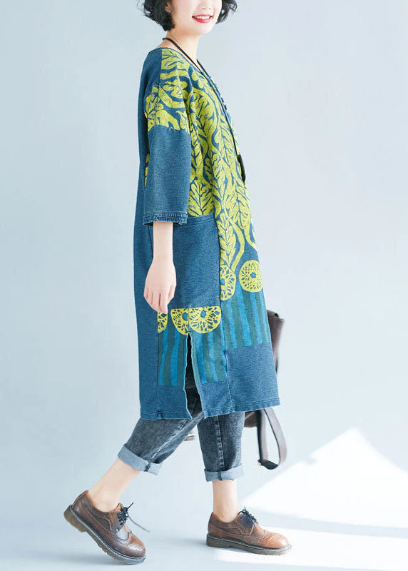 Women Blue O-Neck side open Print Sweatshirts dresses Spring - Image 4