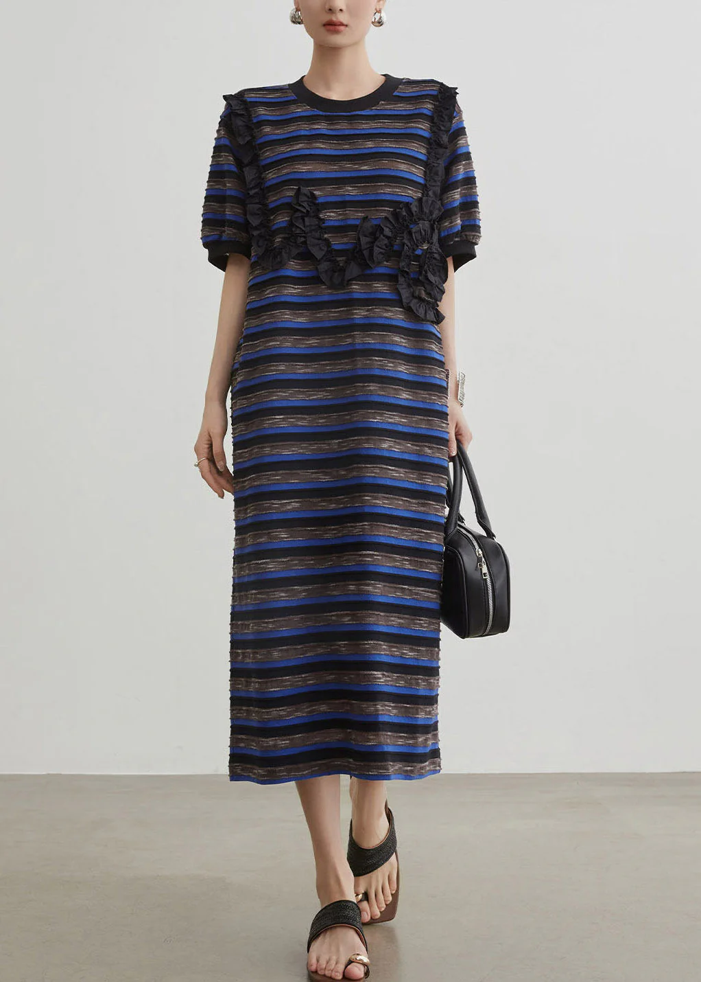 Women Blue O-Neck Striped Long Dress Short Sleeve - Image 3
