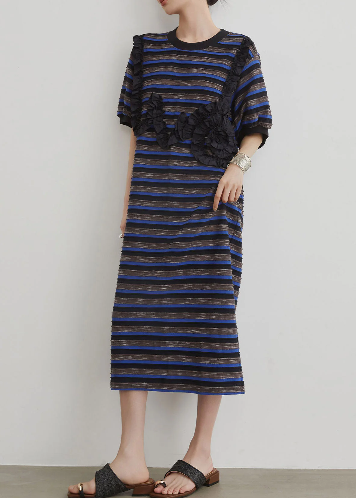 Women Blue O-Neck Striped Long Dress Short Sleeve - Image 4