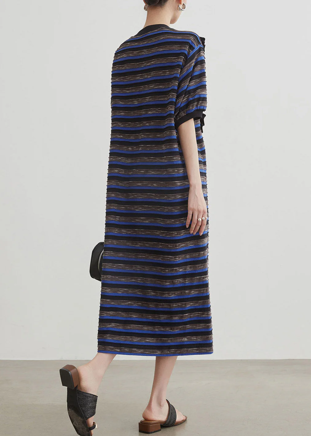 Women Blue O-Neck Striped Long Dress Short Sleeve - Image 5