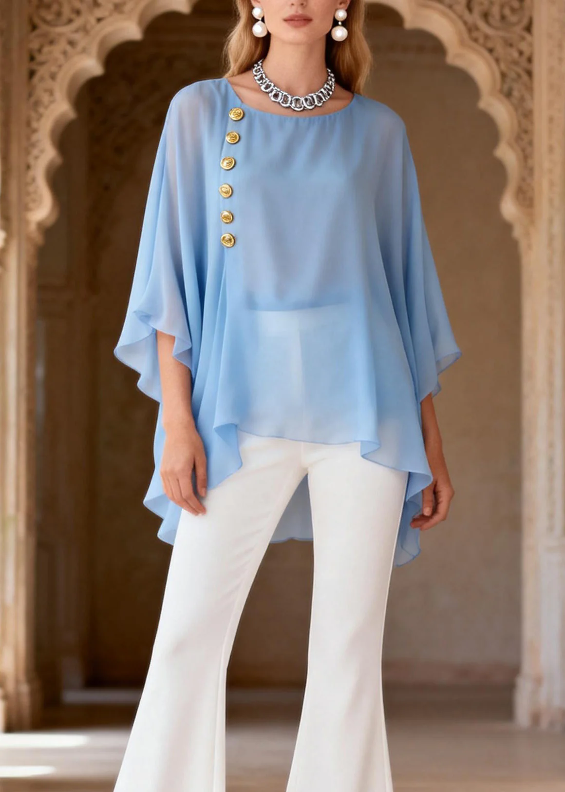 Women Blue O Neck Top And White Flared Trousers Chiffon Two Pieces Set Summer - Image 2