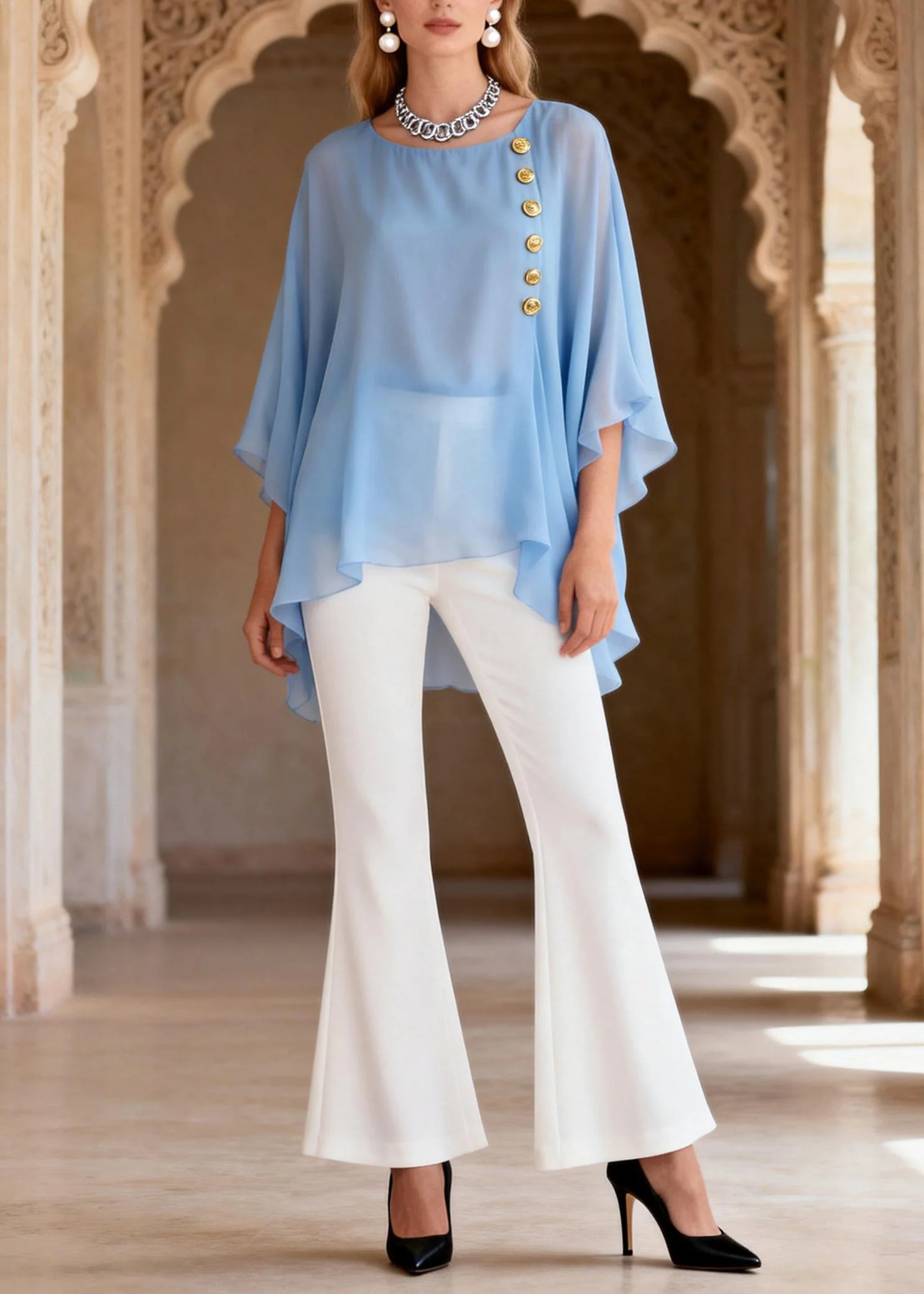 Women Blue O Neck Top And White Flared Trousers Chiffon Two Pieces Set Summer - Image 3