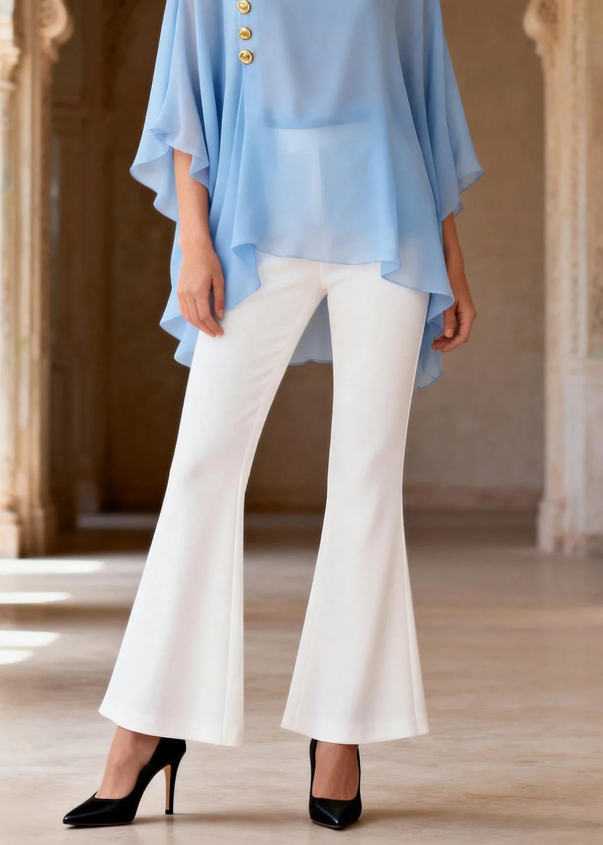 Women Blue O Neck Top And White Flared Trousers Chiffon Two Pieces Set Summer - Image 4