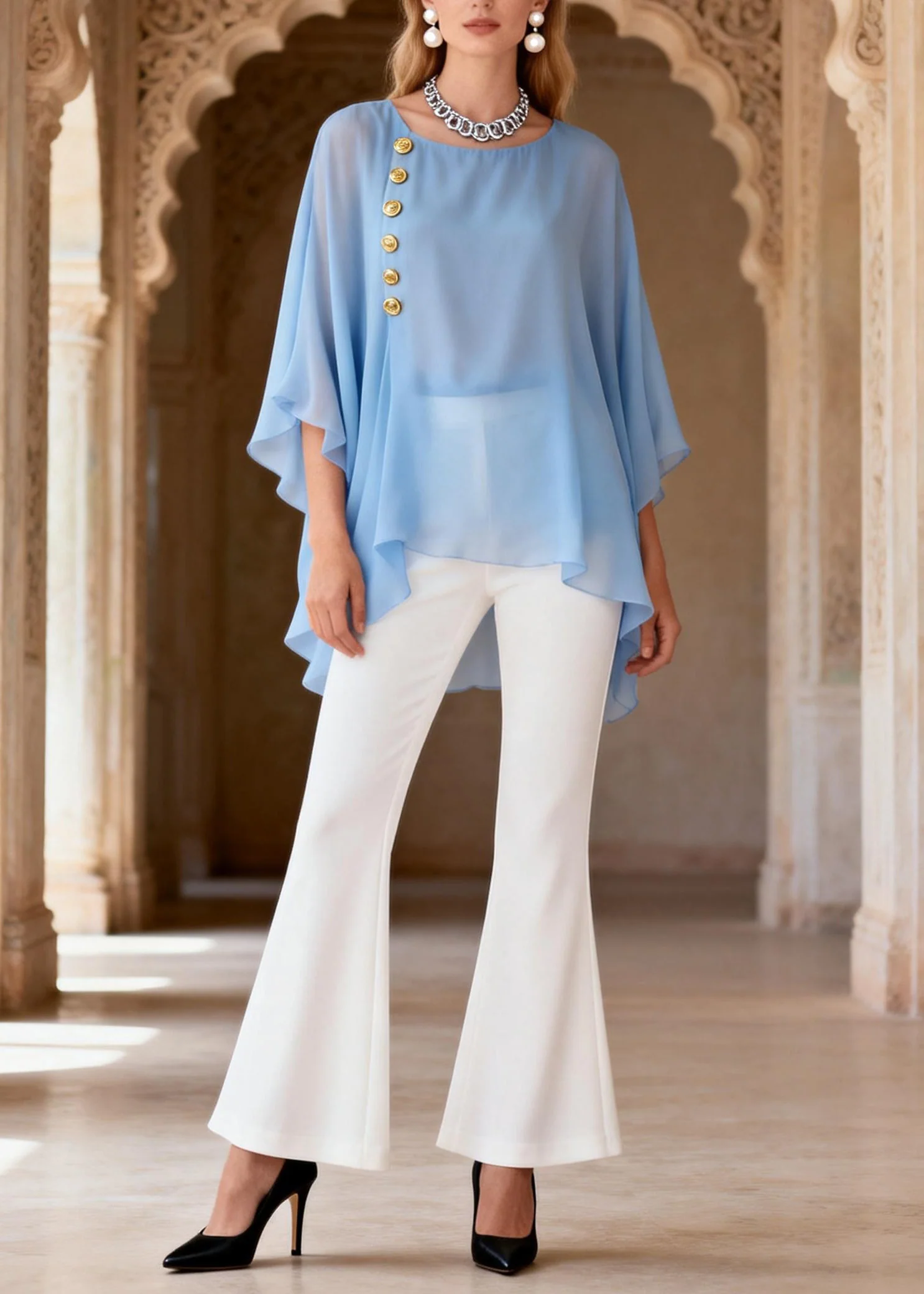Women Blue O Neck Top And White Flared Trousers Chiffon Two Pieces Set Summer - Image 5