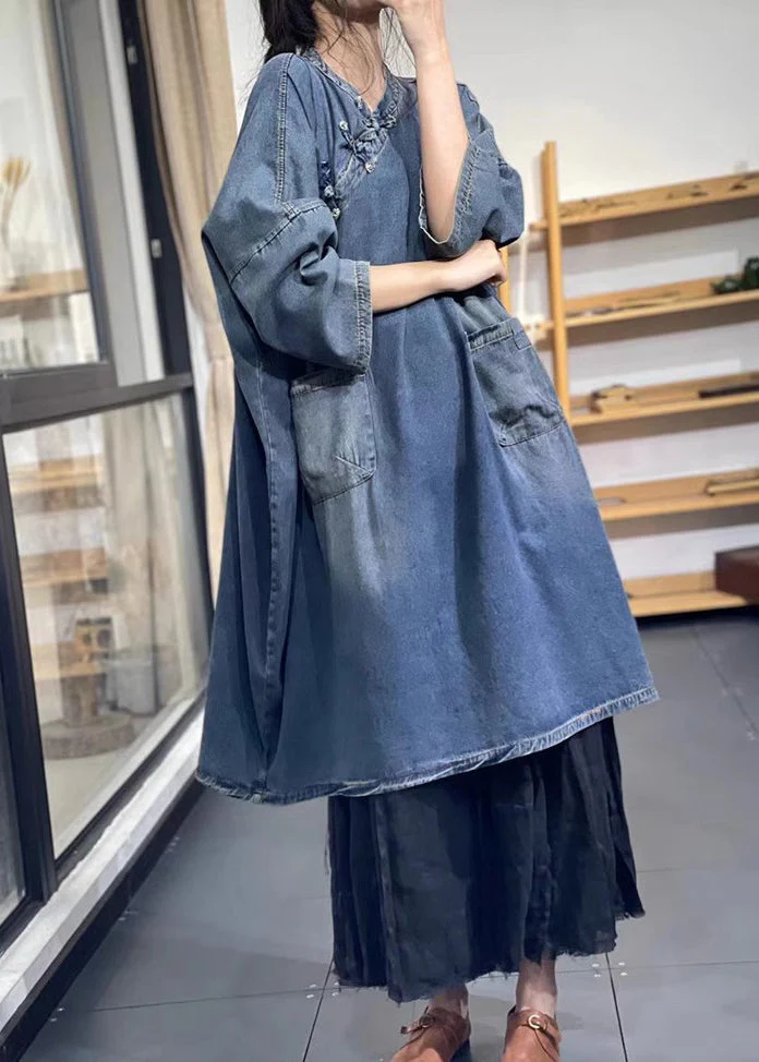 Women Blue Oversized Chinese Button Denim Long Dress Spring - Image 4